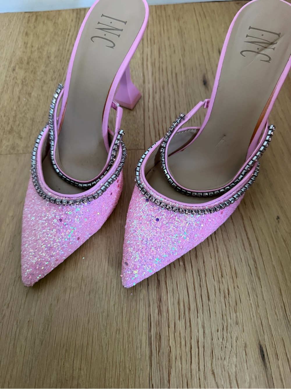INC International Concepts Pink Glitter Pointed Toe Heels with Rhinestone Trim